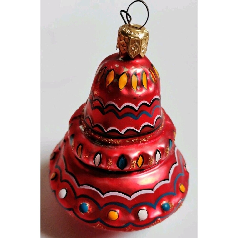 Vintage Poland Glass Christmas Ornament Red Tiered Cake Pagoda Bell Hand Painted
